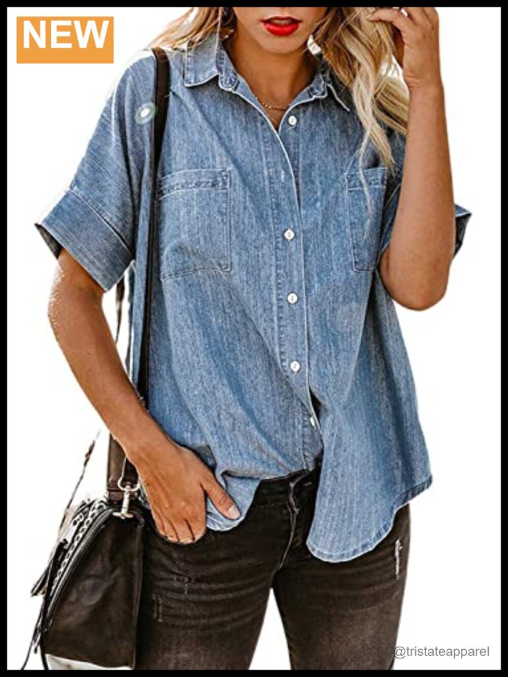 Women's Button Down Denim Shirt Casual Loose Short Sleeve with Pockets
